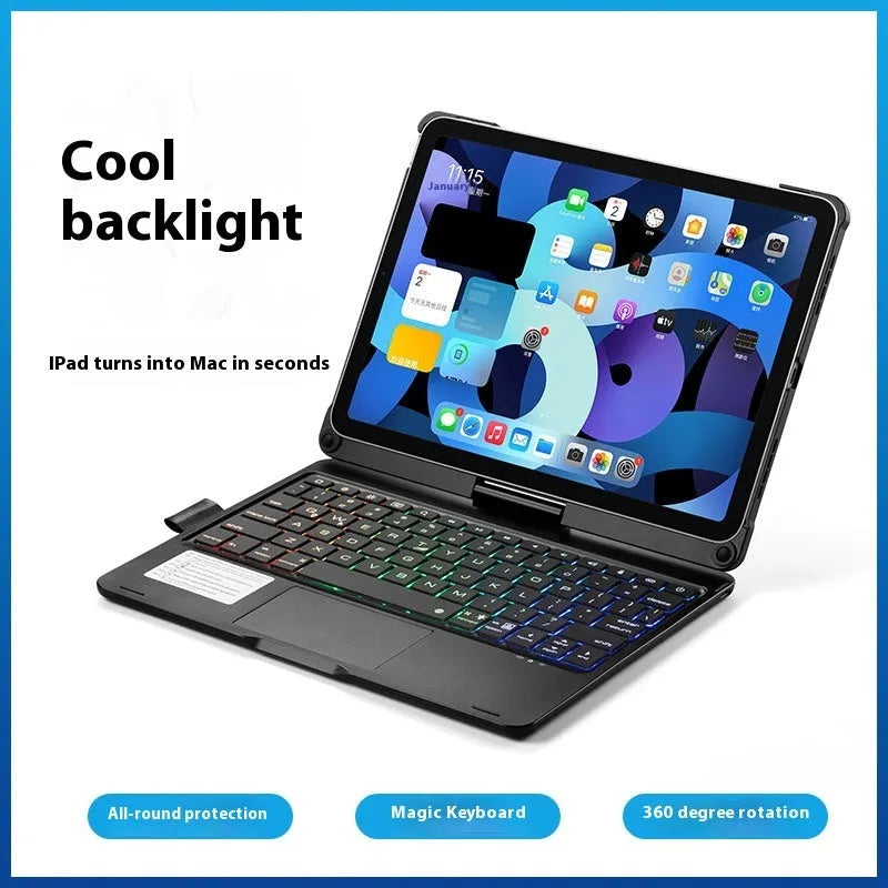Miaocontrol Bluetooth keyboard with rotating stand holding iPad, showing 360-degree adjustment in aluminium finish