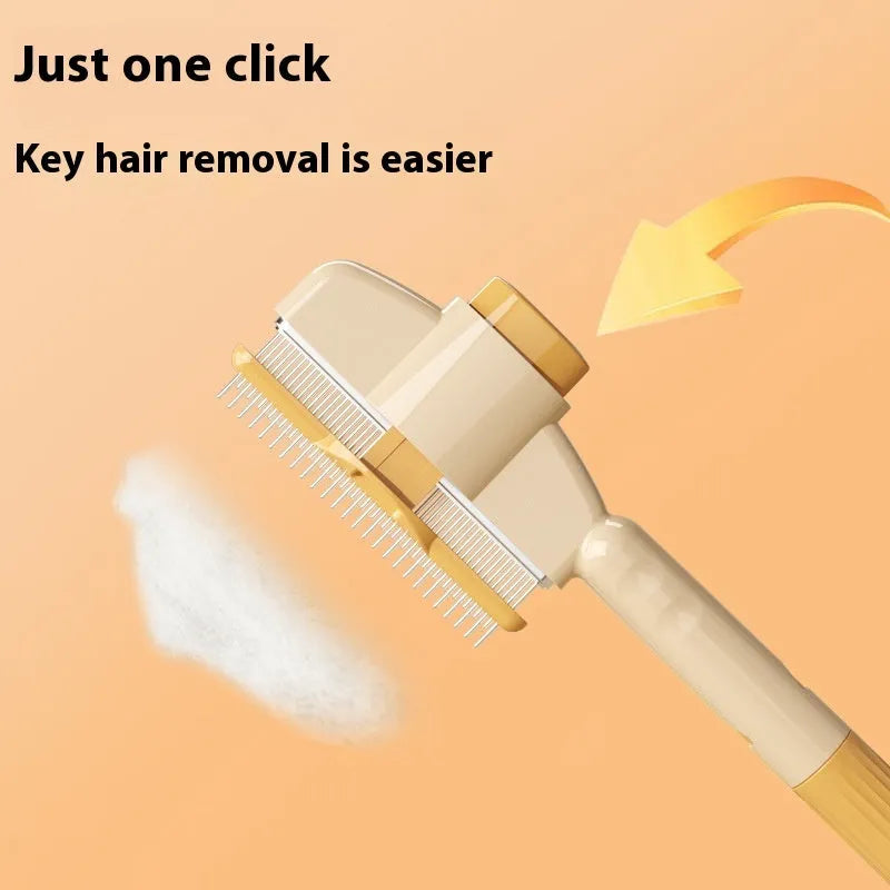 Yellow and green self-cleaning pet comb for cats and dogs with stainless steel teeth and a release button.