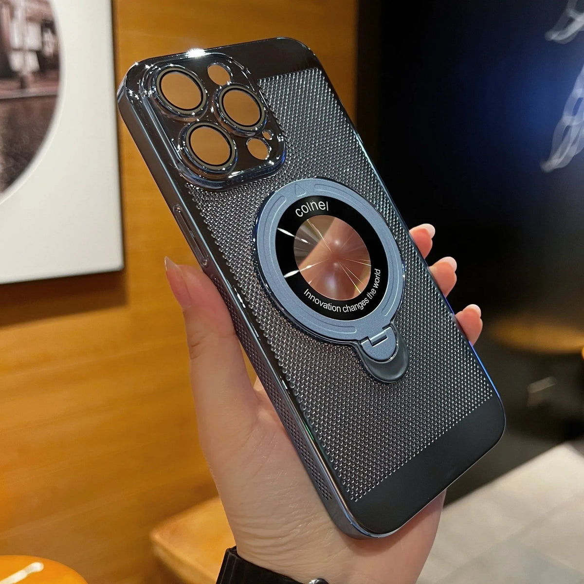Rotary magnetic phone case with bracket and honeycomb cooling holes, electroplated PC, for iPhone 15