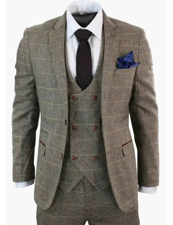 German-style three-piece brown plaid slim fit suit set with coat, vest, and trousers on hanger