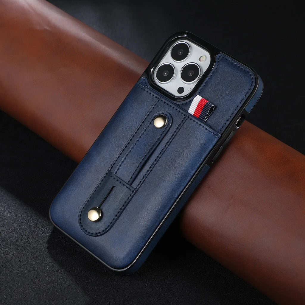 PU leather ring buckle card phone case for iPhone with bracket, showing card slot and ring grip on black back cover