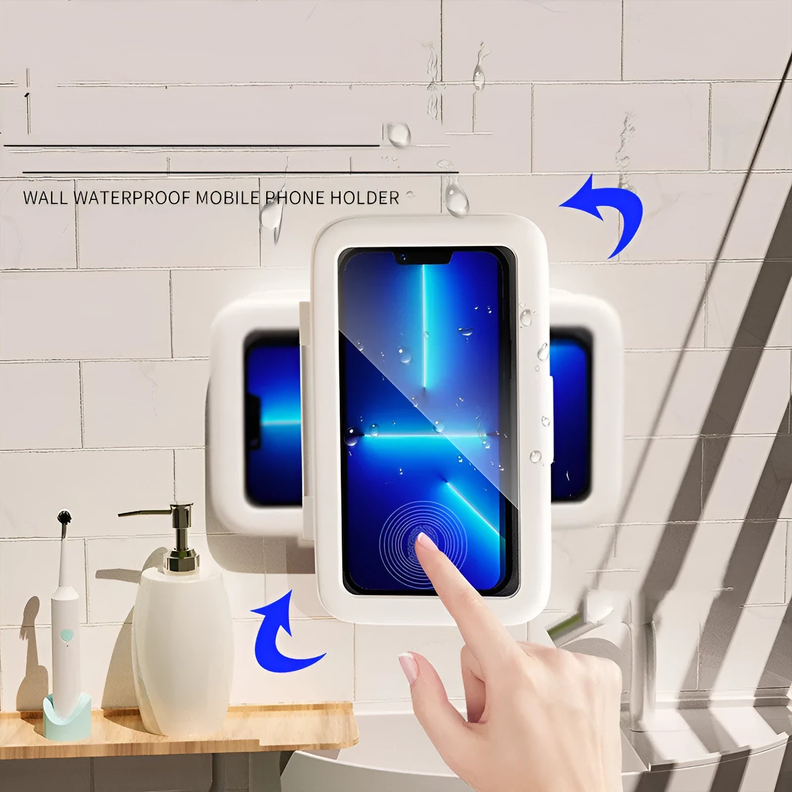 Waterproof plastic phone holder with touch screen mounted on bathroom tile