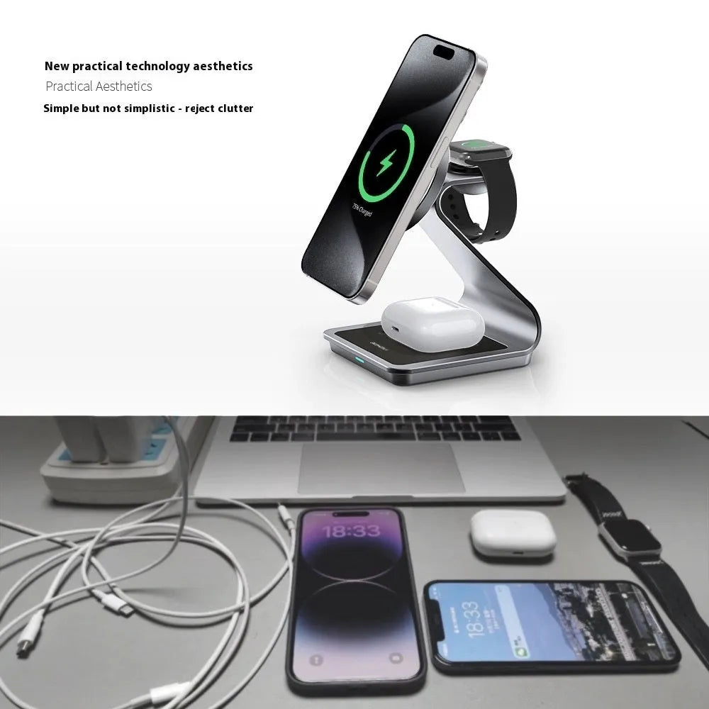 3-in-1 metal magnetic wireless charger stand charging iPhone, Apple Watch and AirPods on desk