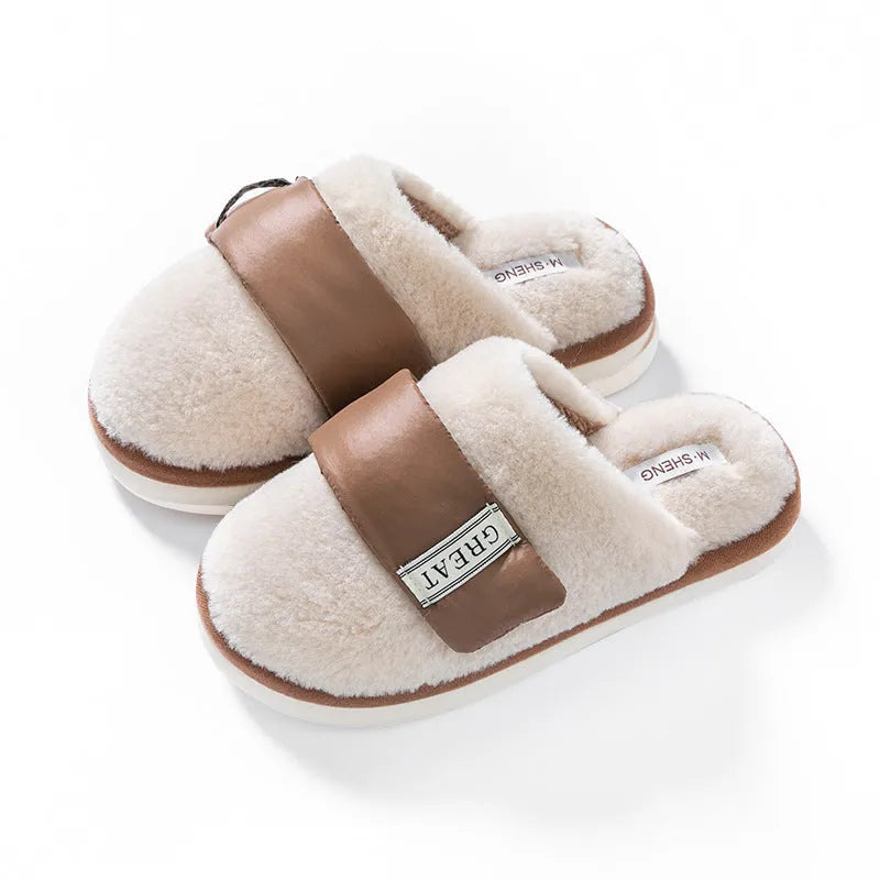 Beige women's plush velcro floor slippers with a non-slip plastic sole and round toe.