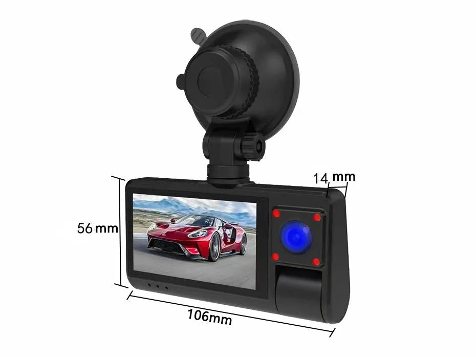 G50 black dashboard camera with 3-inch touchscreen display mounted on car windscreen