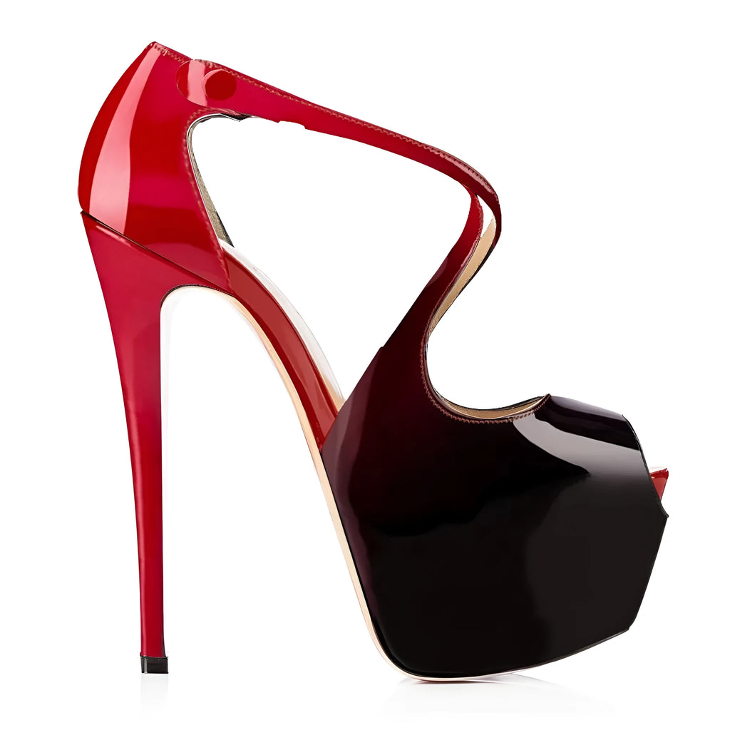 Black and red women's peep toe high heel shoes with matching cross ankle straps