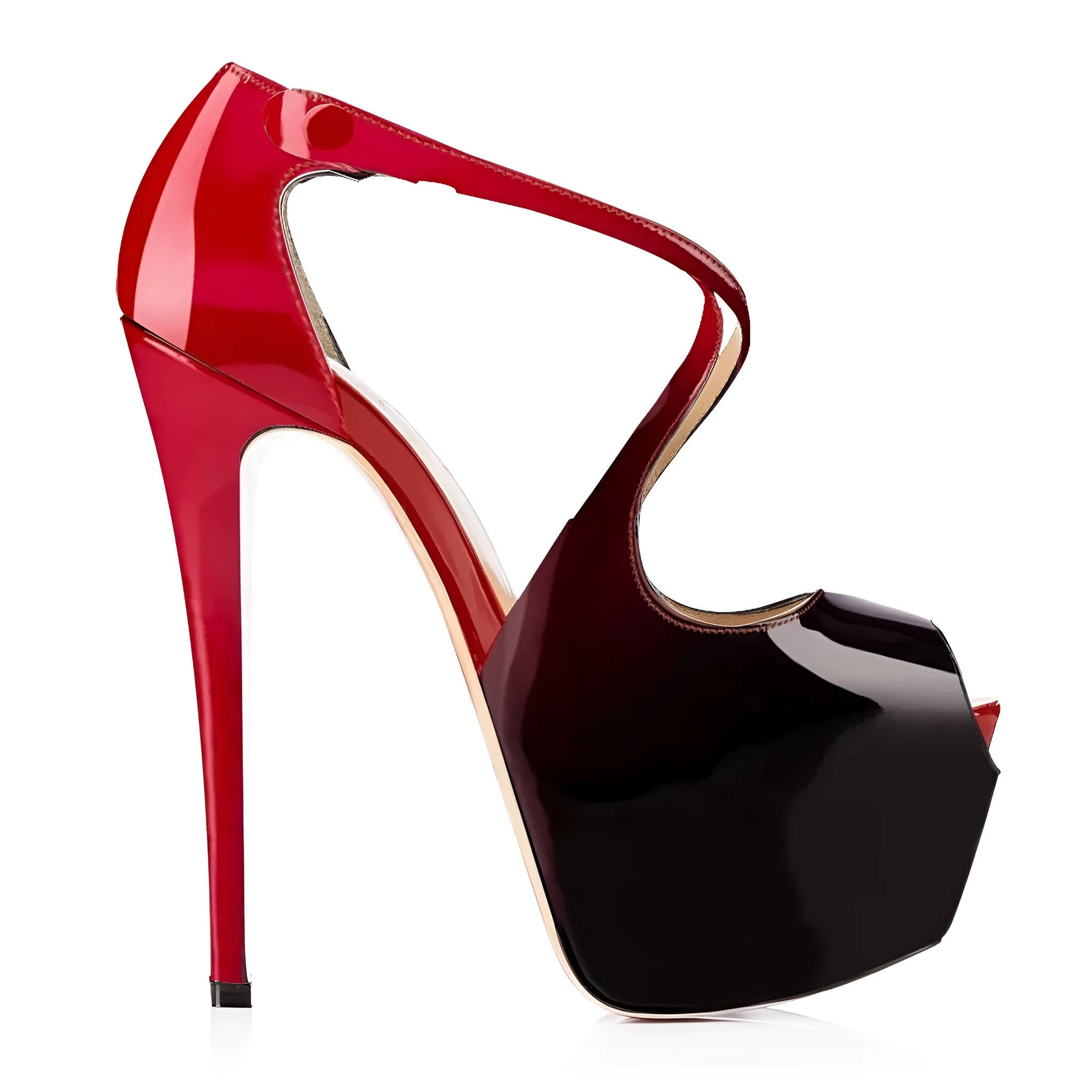 Black and red women's peep toe high heel shoes with matching cross ankle straps