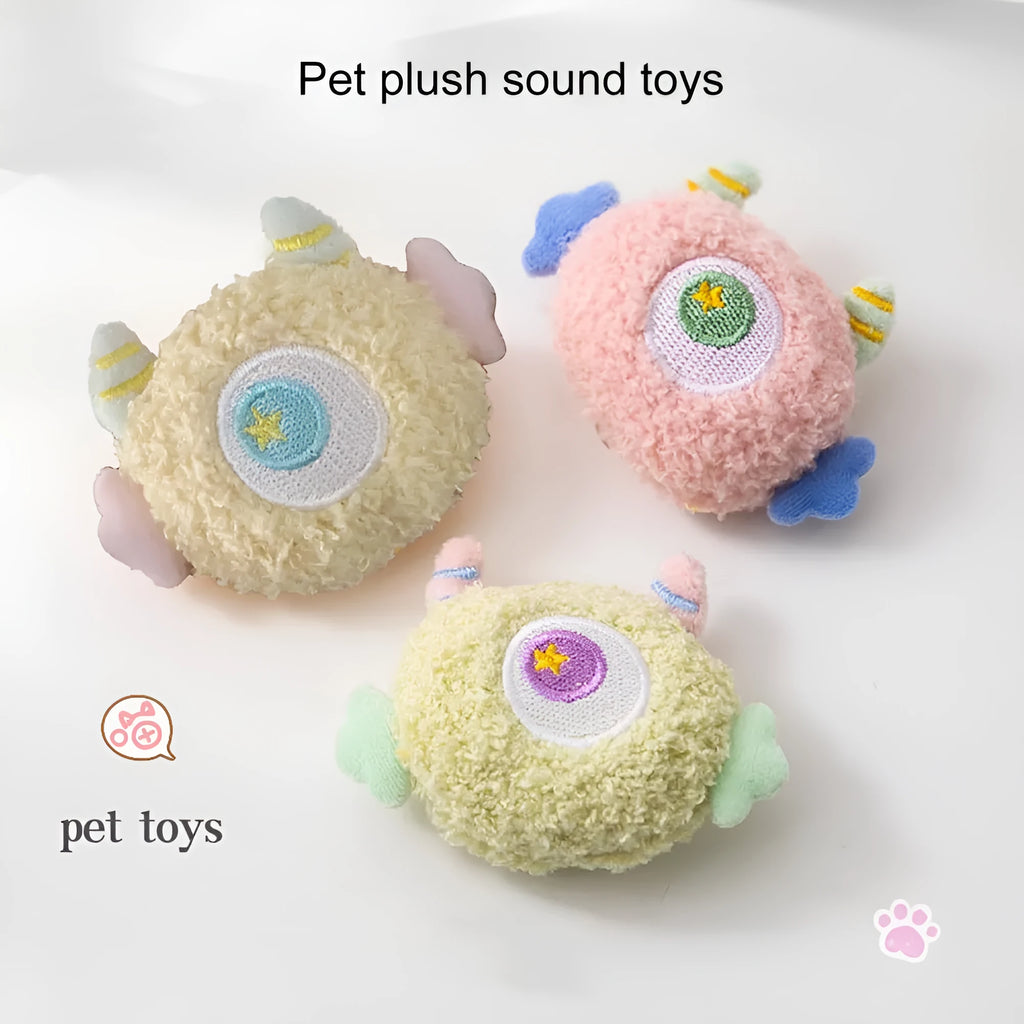 Cartoon-shaped plush dog chew toy with big eyes in multiple colour options