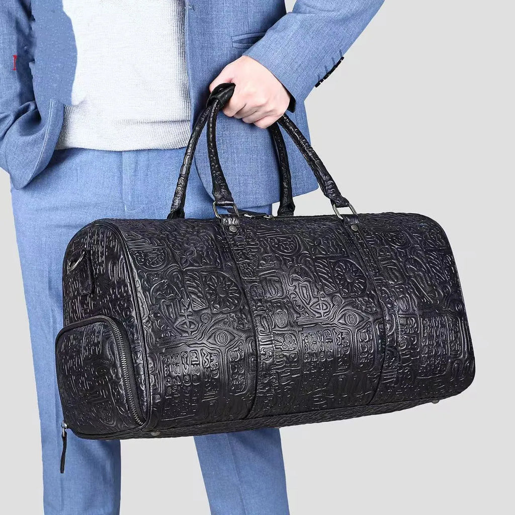 Genuine leather retro embossing handbag for men black 50x25x25.5cm first layer cowhide