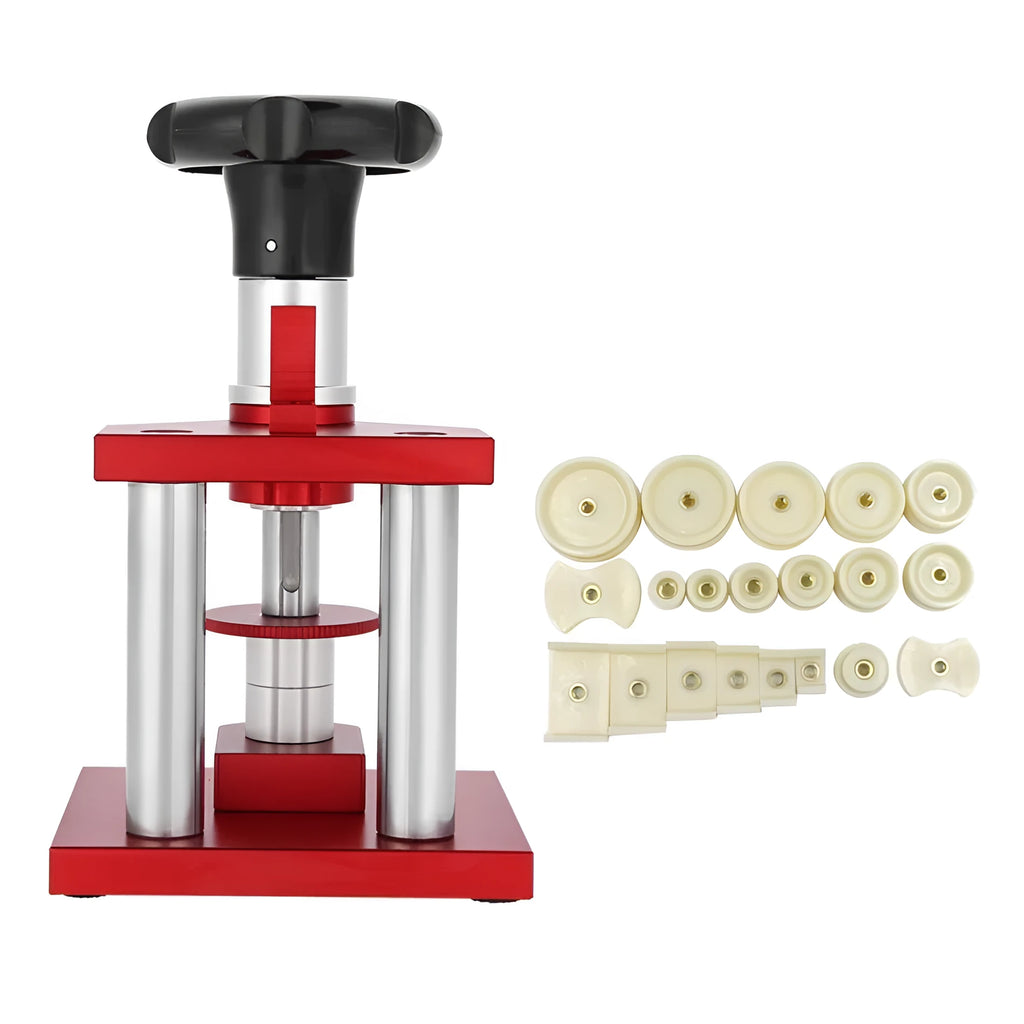 Watch back cover press tool, a spiral cap presser machine, shown with a set of 20 plastic moulds for different watch sizes.