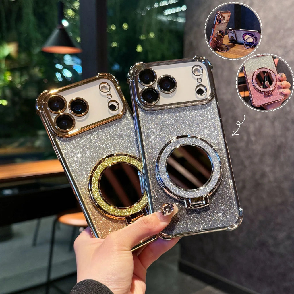 Glitter mirror magnetic bracket TPU phone case for iPhone 17 series in multiple colours showing reflective gradient finish
