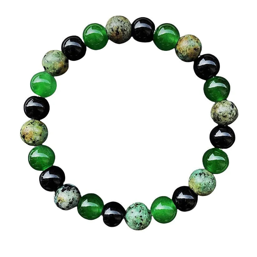 Unisex handmade bracelet with 8mm artificial crystal beads in green onyx and obsidian style colour AL-0293