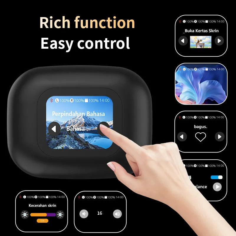 A16 wireless Bluetooth translation headphones with digital display, ear-mounted PC ABS design, Black or Skin Colour