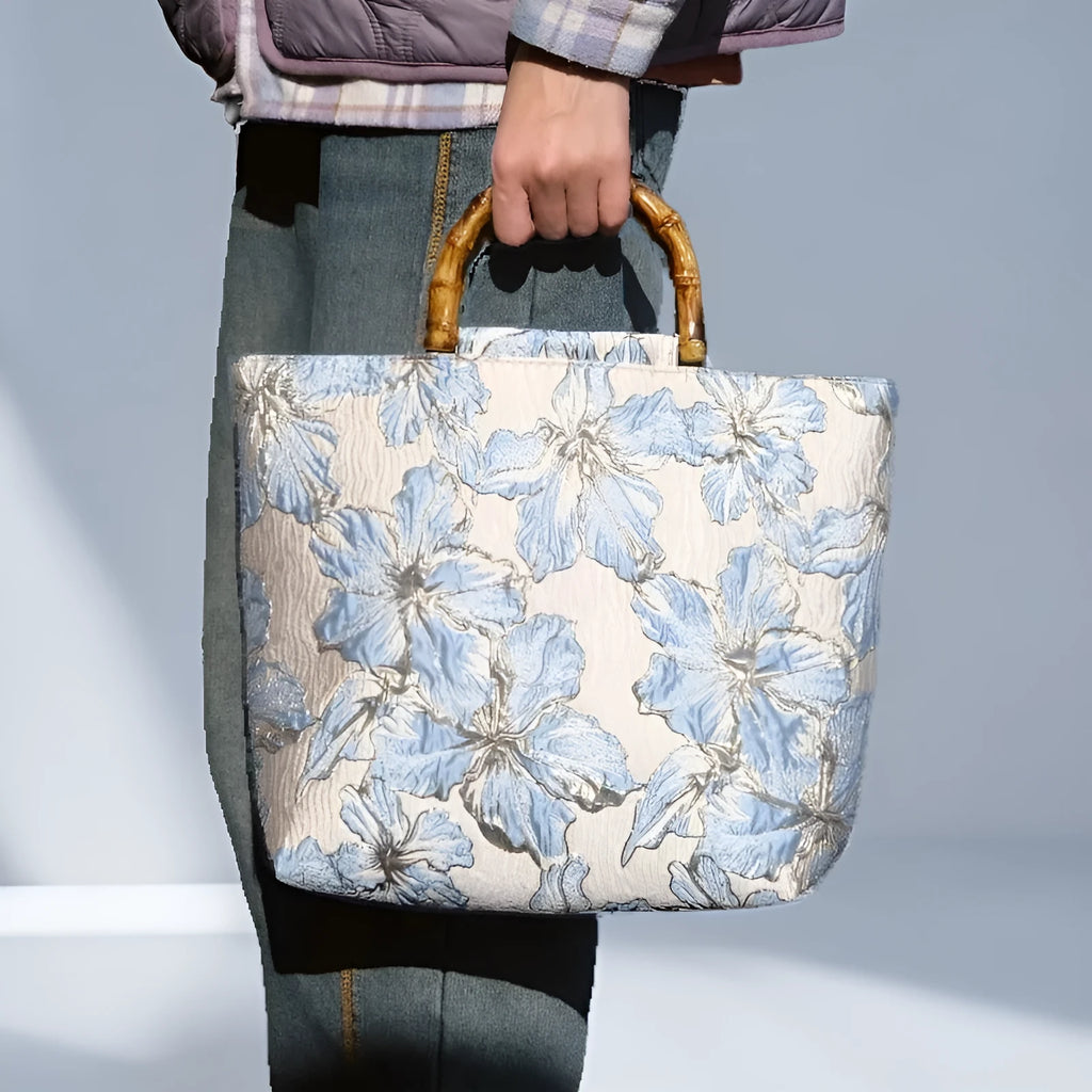 Light blue and gold bronzing flower pattern canvas shoulder bag with double strap