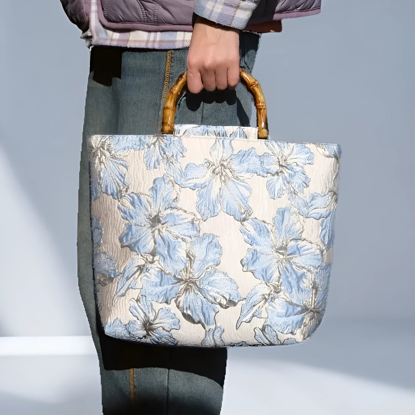 Light blue and gold bronzing flower pattern canvas shoulder bag with double strap