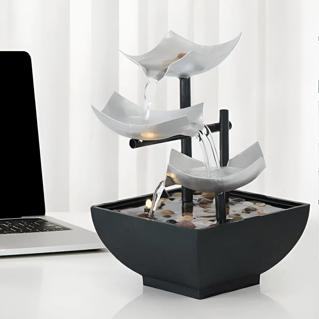 Handmade modern minimalist desktop flowing water fountain ornament in JR001 colour with alloy and plastic construction.
