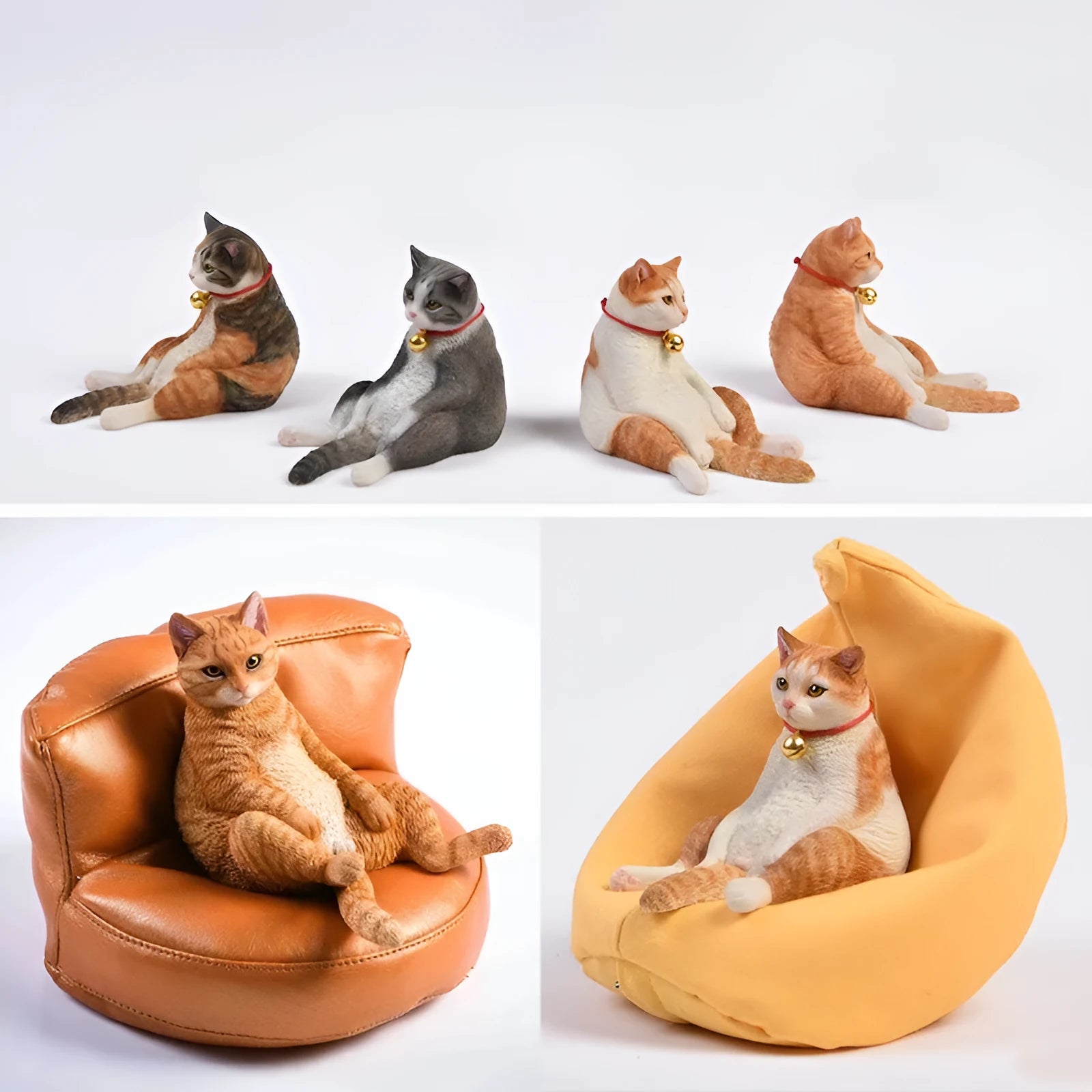 Small resin cat figurine on a sofa, a 1:6 scale car dashboard ornament.
