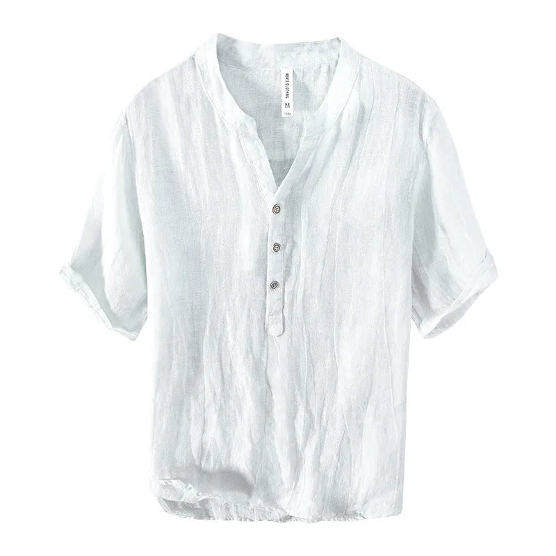 Men's linen pullover top with short sleeves in white, khaki and grey solid colours showing retro casual design