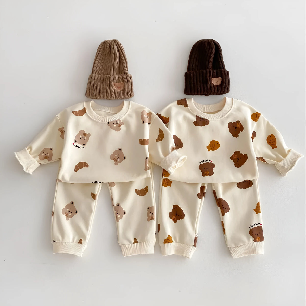 Bear round neck long-sleeve cotton suit with animal cartoon pattern, shirt and pants set in Bear or Flying Fish colours