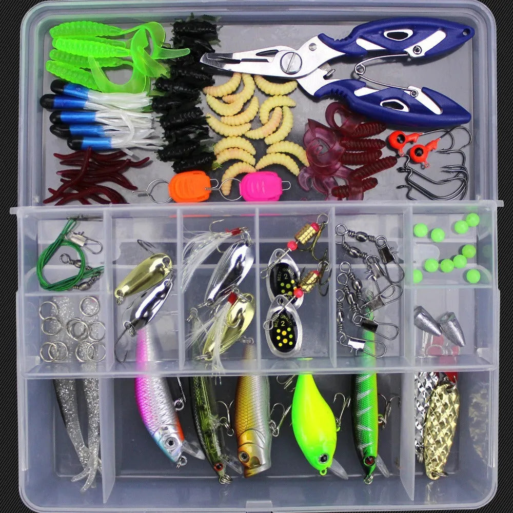 Junior entry-level fishing lure suit collection in PP box packaging showing multiple bait lures