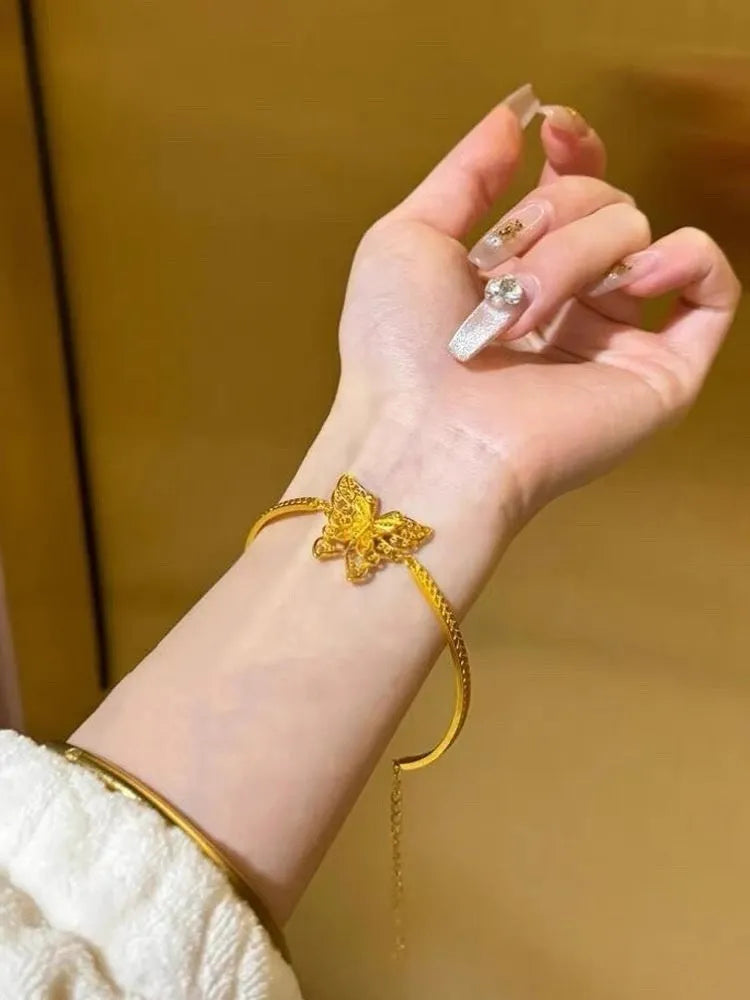 Women's copper half bracelet with ancient silk butterfly and hemp pattern, electroplated finish