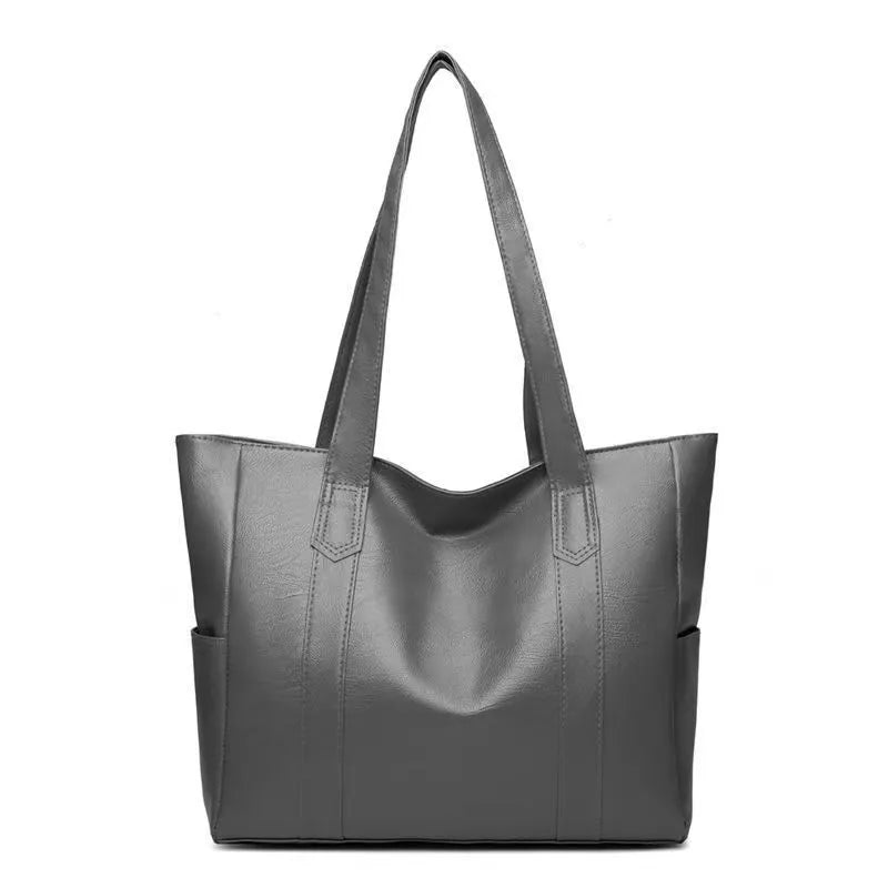 Medium-hard PU leather tote handbag in horizontal square shape with sewing thread detail and double shoulder strap