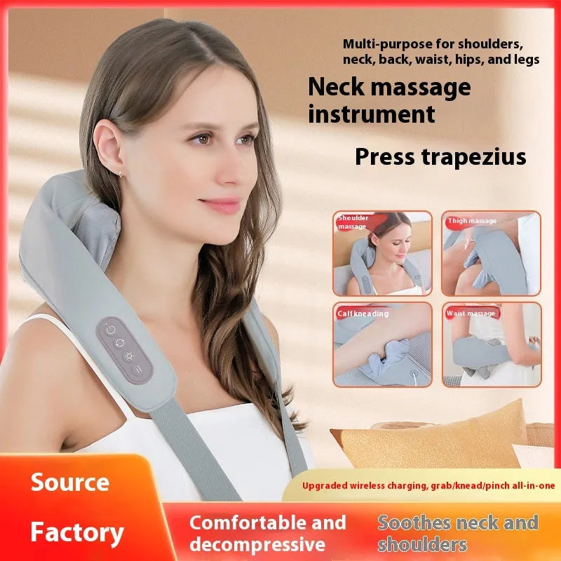 Grey elastic fabric USB rechargeable neck and back massager with infrared function.