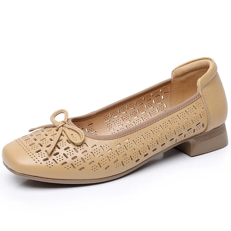 Summer genuine leather breathable low-cut women's shoes in black with rubber sole