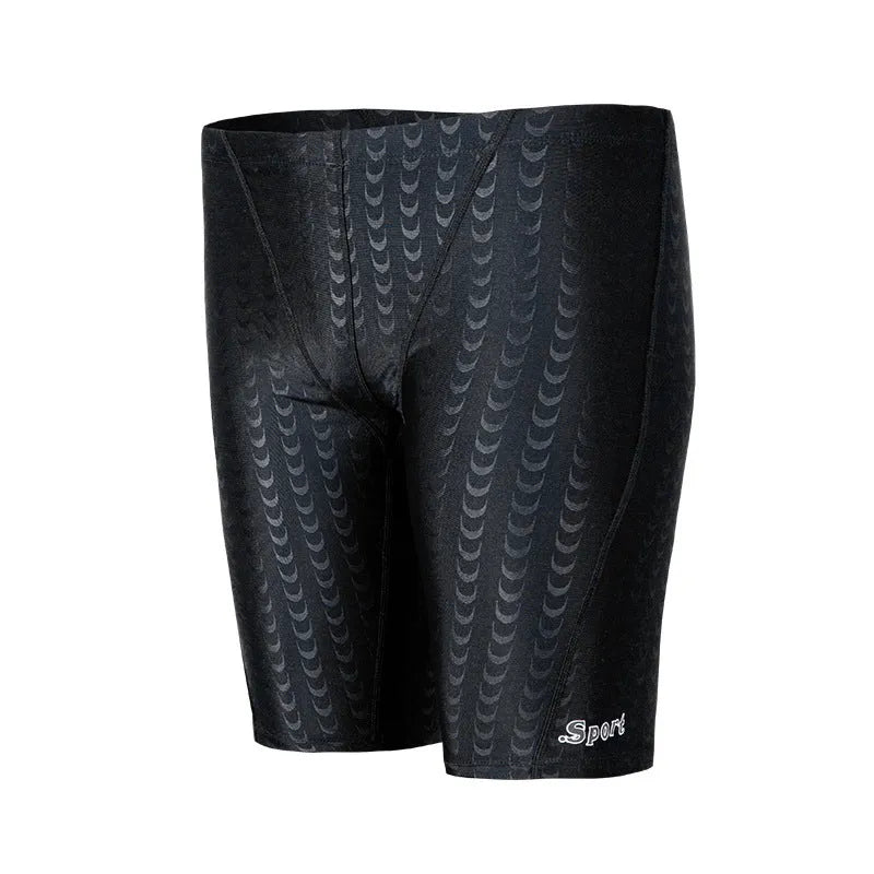 Men's solid colour swimming trunks in waterproof shark skin polyester fabric, shown in larger sizes.
