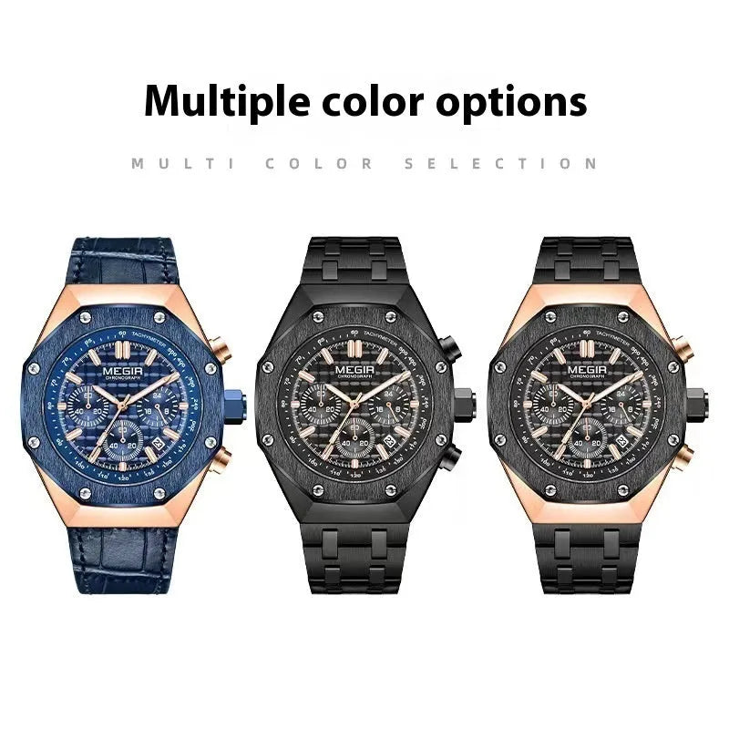 Men's multifunctional waterproof quartz chronograph watch with choice of blue or black steel straps.