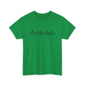 Green short-sleeve cotton top with a unique white letter print on the front, showing a regular sleeve cut.