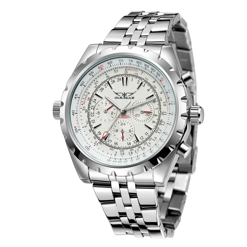 Men's automatic mechanical watch with double calendar, 48mm round steel case, alloy strap, pointer display