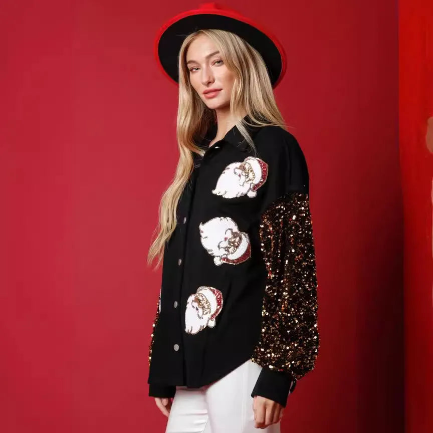 Women's black fleece shirt with Santa Claus pattern, sequined sleeves, and button front, sizes S-XXL