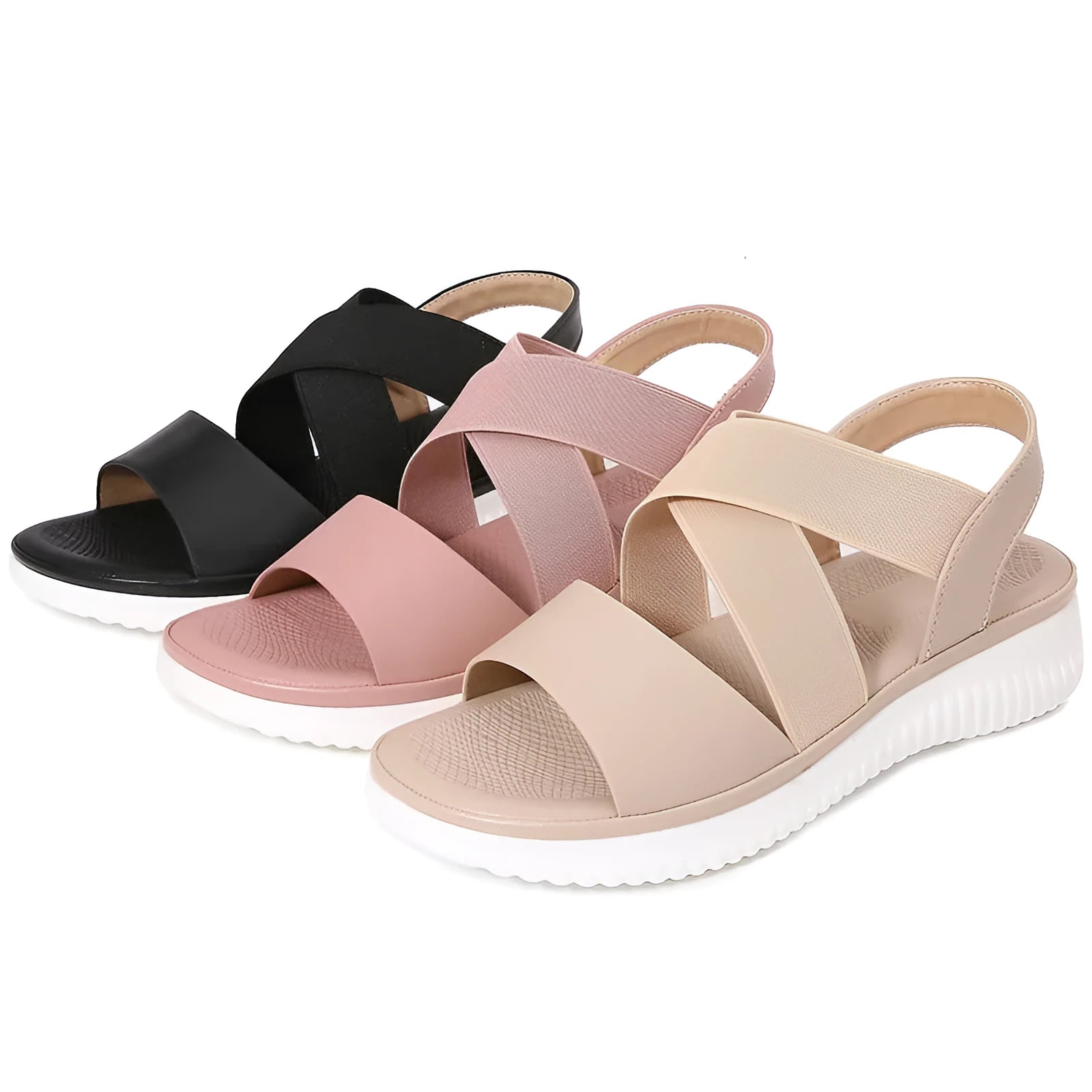 Bohemian style striped stretch rubber band flat sandals for women, PU upper, round toe, front lace-up, black colour