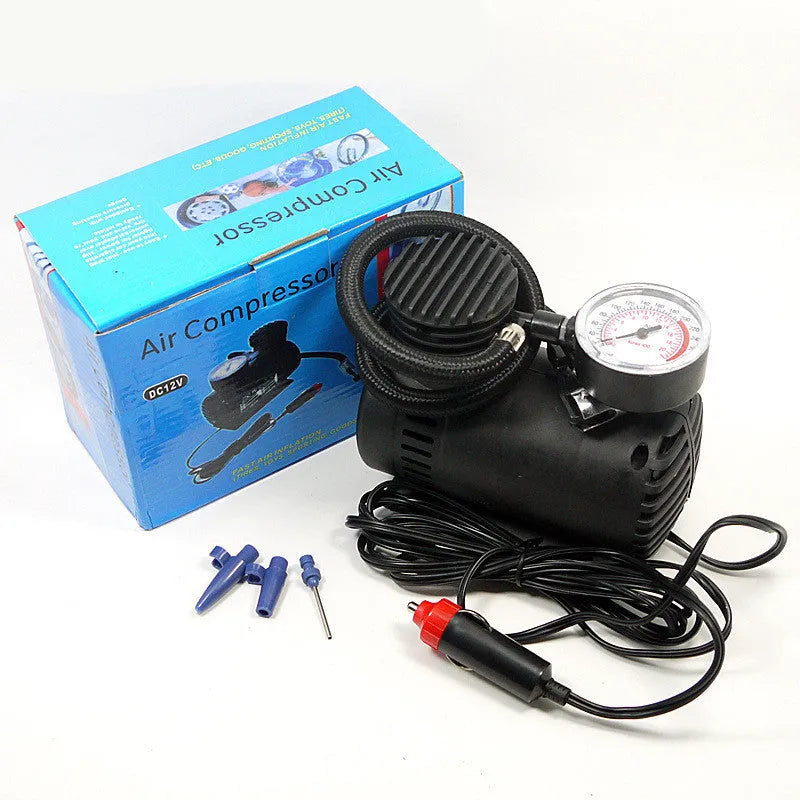 Black 12V mini portable car tyre air pump with dimensions 13.5 by 12 by 7 centimetres.