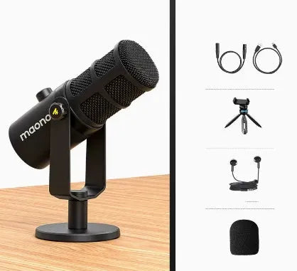 Tianwang Core moving coil microphone with metal body, XLR and USB cables, and stand on desk