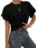 White twisted string knitted pullover sweater with ruffled short sleeves on a hanger.