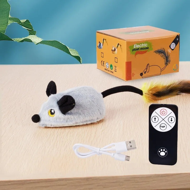 Electric plush mouse cat toy with remote control showing forward motion on floor