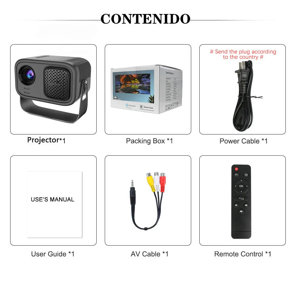 Black portable HD projector with remote control and cables for home office presentations