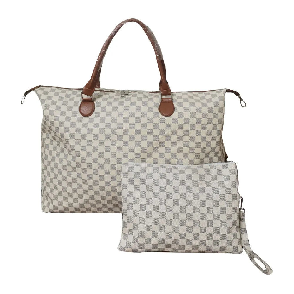 PU leather plaid travel bag set with large bag and detachable small pouch on white background