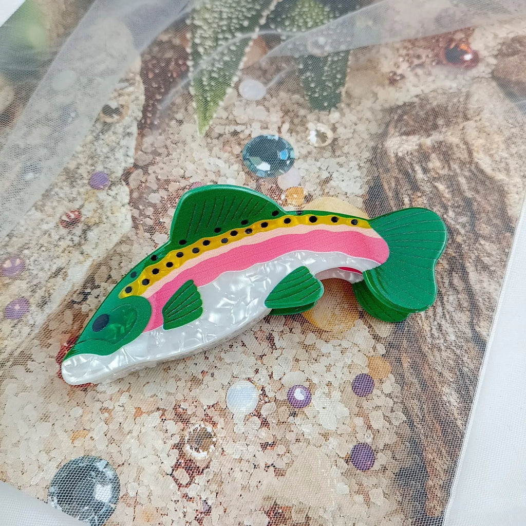 Dark green PVC hair clip featuring a printed rainbow trout and carp design.