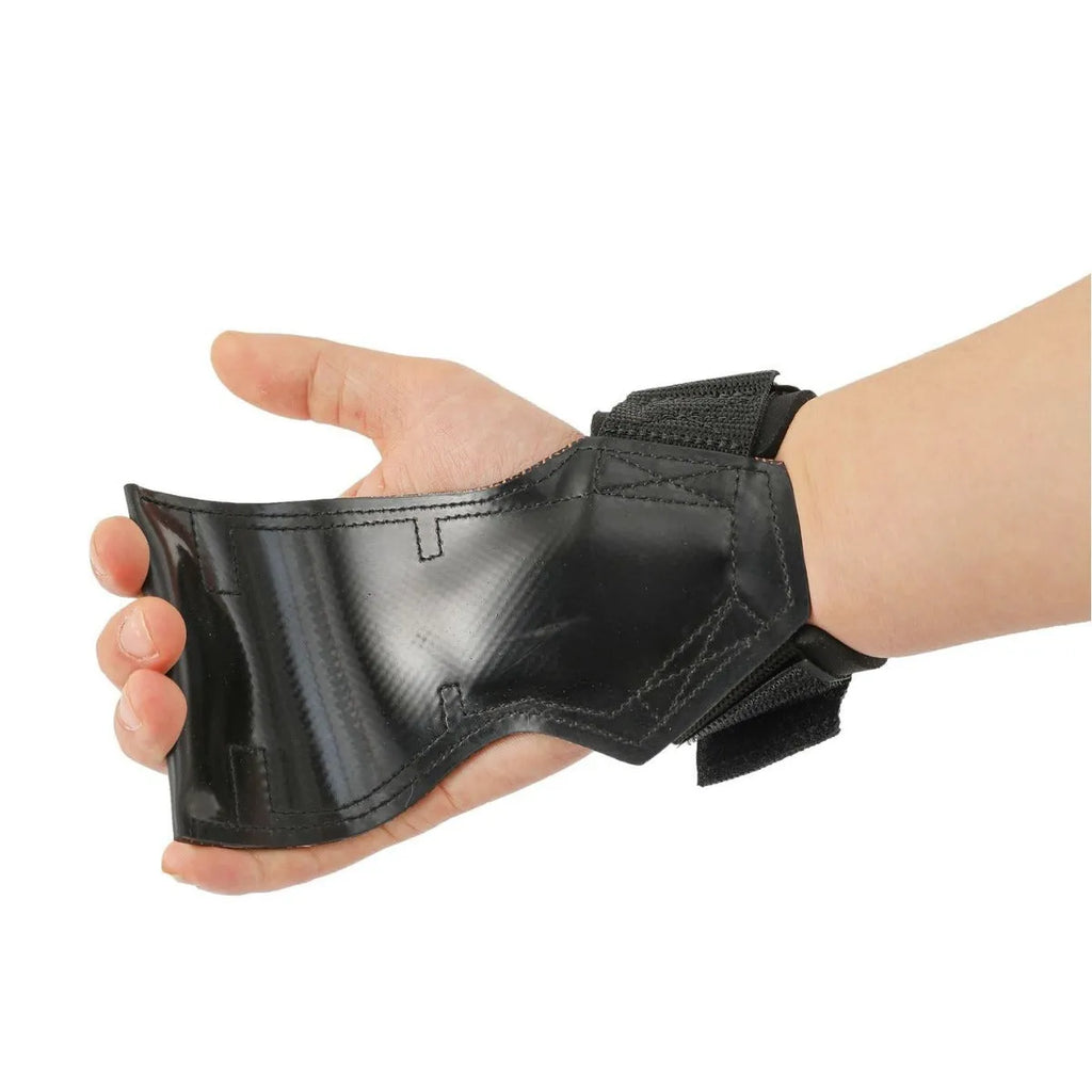 Black rubber weightlifting palm protector belt for non-slip grip during barbell and rock climbing.