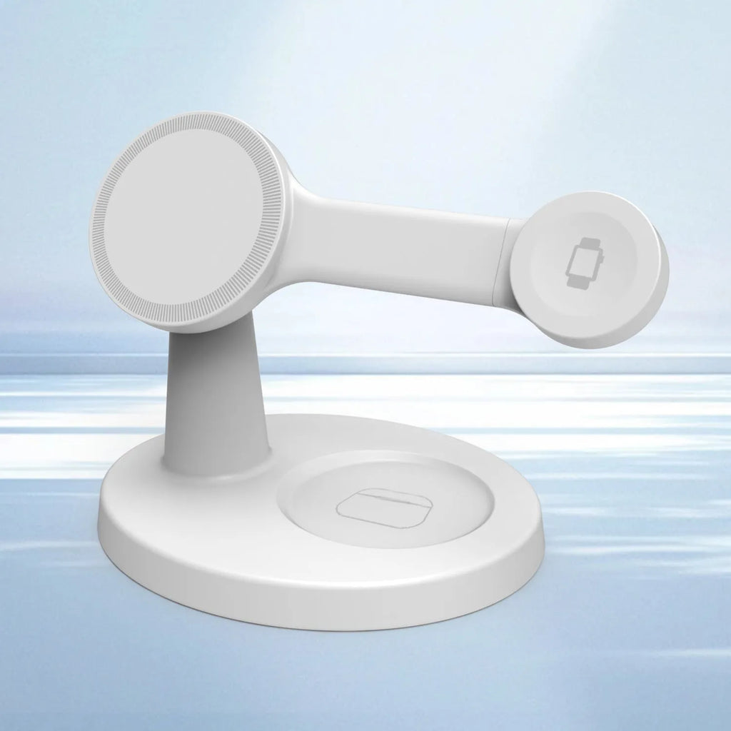 Magnetic wireless charger 15W desktop bracket for phone, headset, and watch in black or white