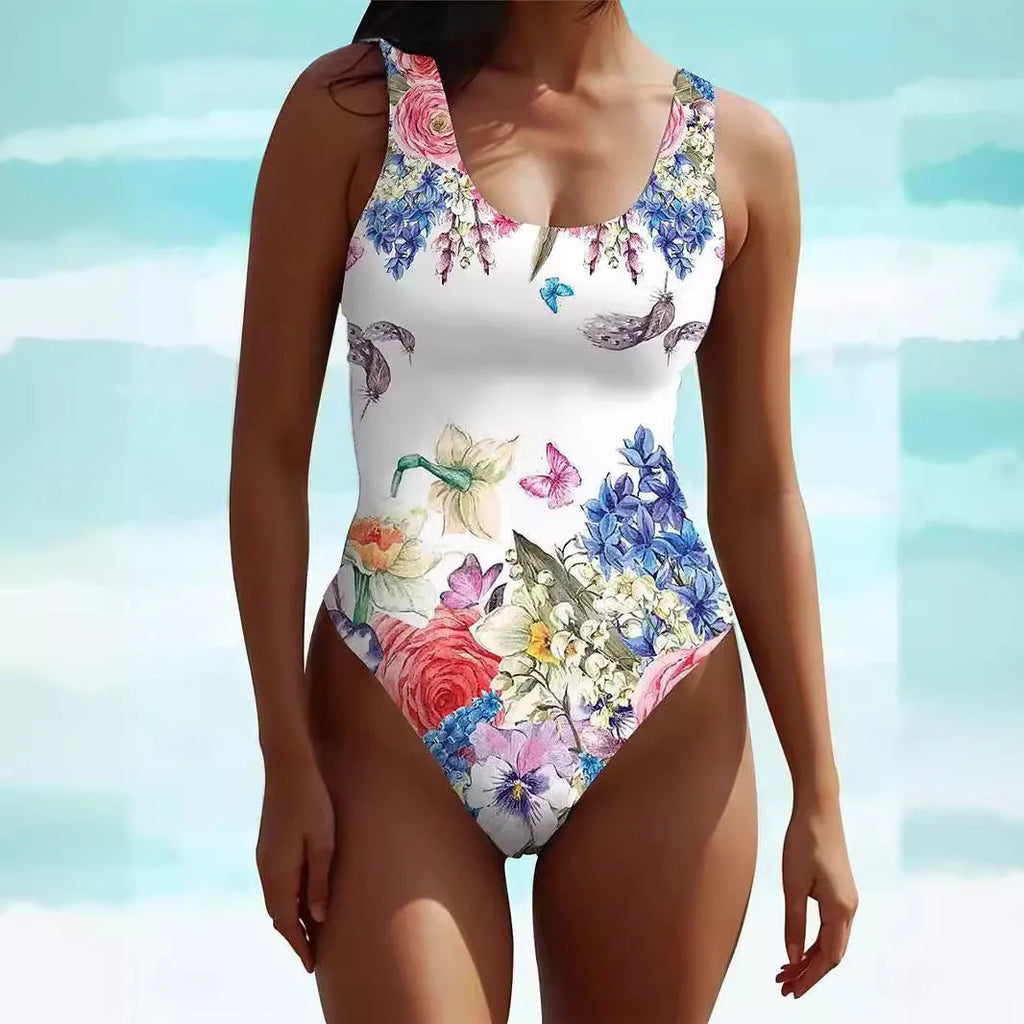 Women's sleeveless Bohemian swimsuit dress in artistic retro style with pattern design
