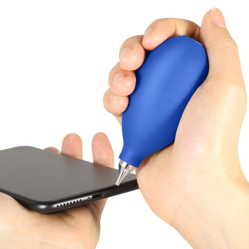 Blue and black rubber dust removal ball for cleaning cameras and mobile phones.