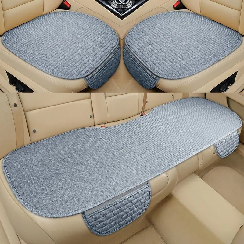 Linen plaid car cushion set showing hemmed edges in charm coffee colour arranged on car seat