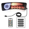 Black flexible LED screen for car rear windshield with Bluetooth control and adhesive backing.