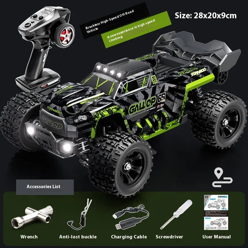 Brushless four-wheel drive remote control car in green with metal drive shaft and 50 km/h speed rating