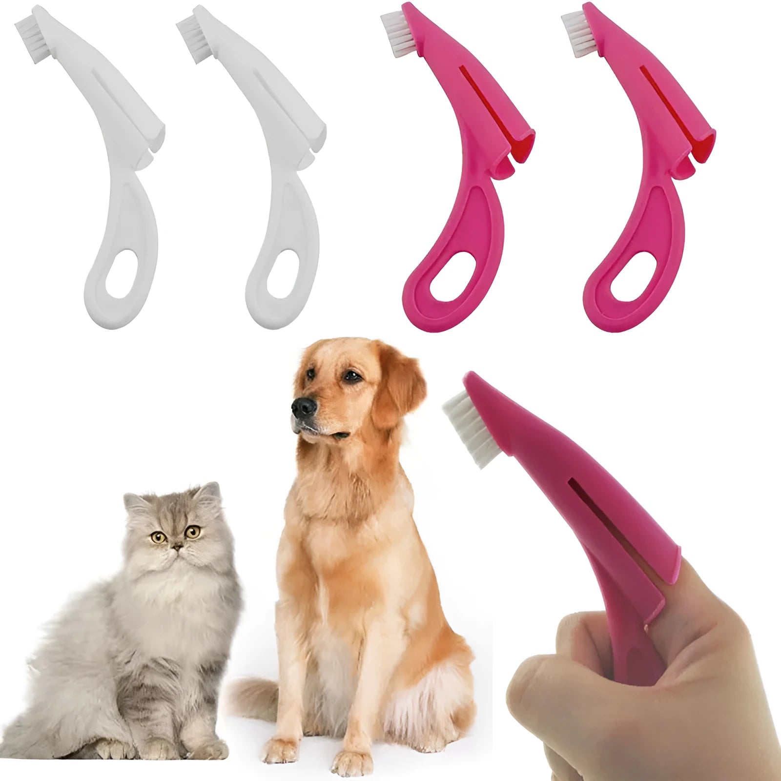 Red and white pet finger toothbrush with soft silicone bristles for cleaning dog and cat teeth