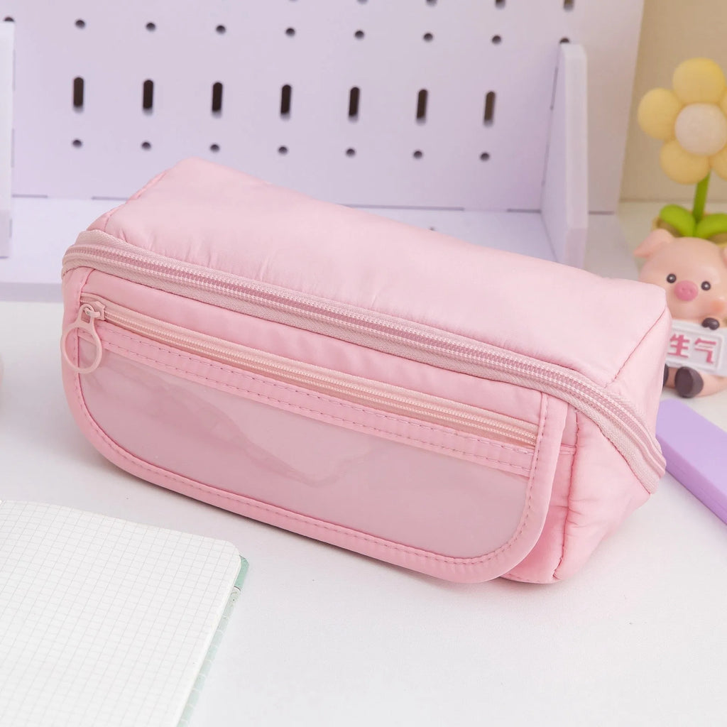Korean-style canvas pencil case with ten flip-open layers in various colours.